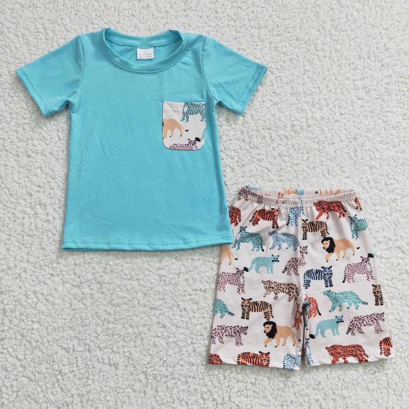 Animal Tiger Lion Pocket Blue Short Sleeve Shorts Set