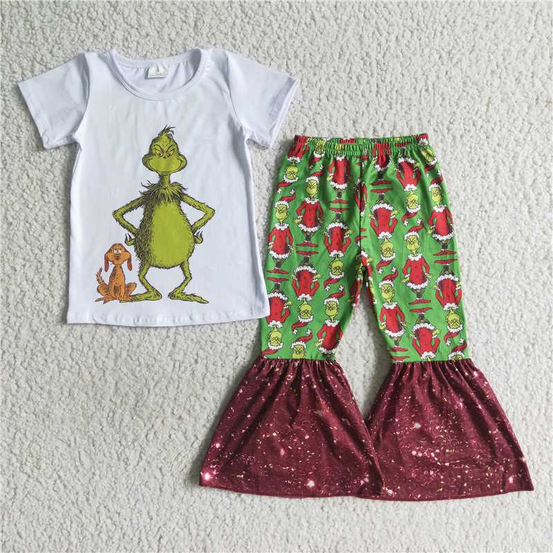 grinch white short sleeve green flared pant set