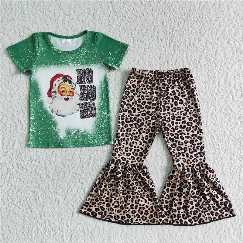 Santa Claus Green Short Sleeve Top Leopard Flared Pants Set
