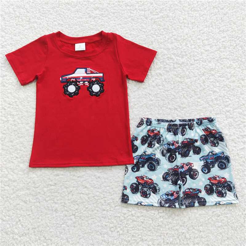 Boys Embroidered Truck Red Short Sleeve Shorts Set