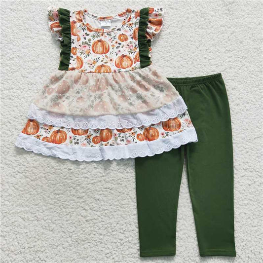 Pumpkin Blossom Lace Short Sleeve Green Pant Set