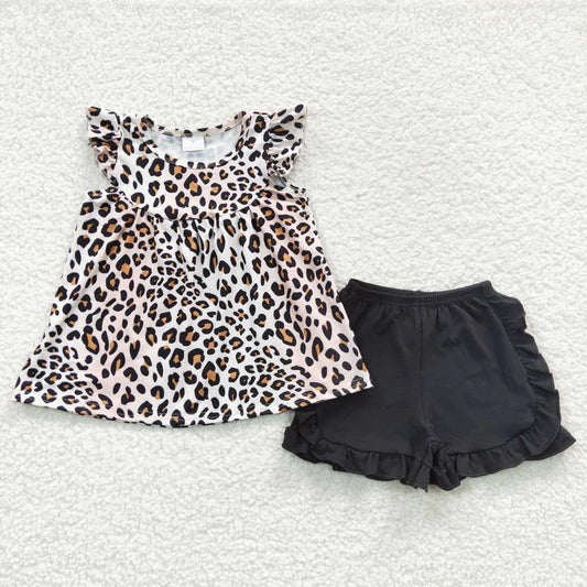 Leopard Print Flying Sleeve Black Shorts Set