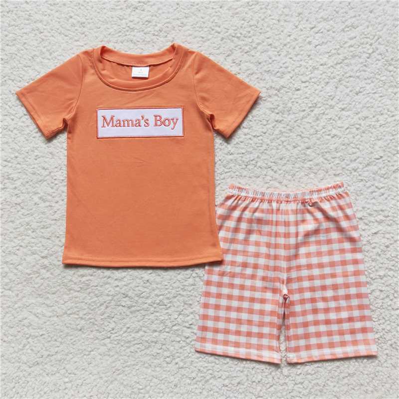 Embroidered mamas boy orange short-sleeved shorts set