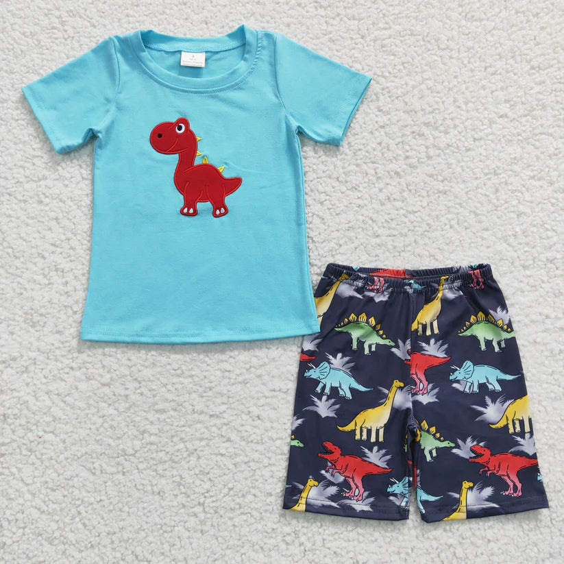 Embroidered Colorful Dinosaur Blue Short Sleeve Shorts Set