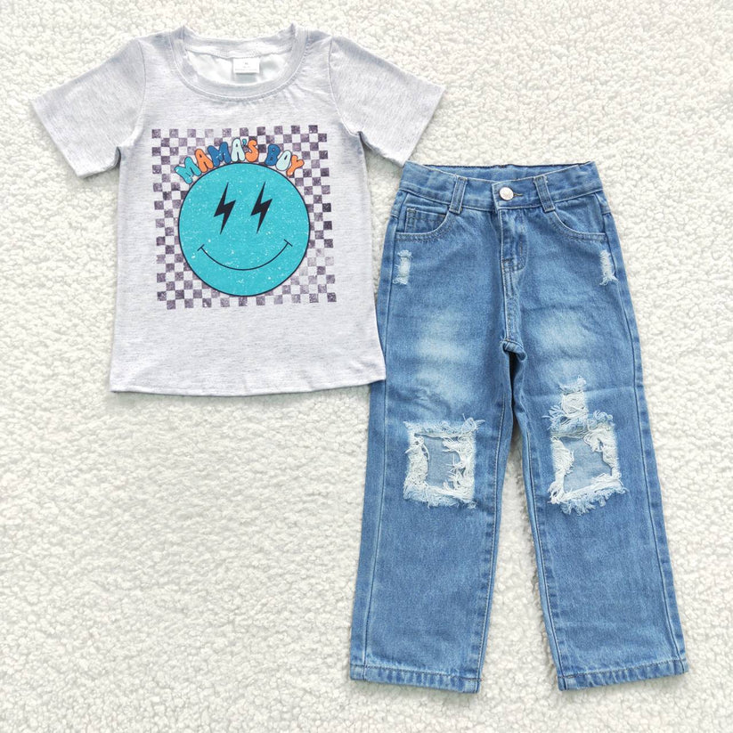 Mamas Boy Blue Smiley Short Sleeve Top With Long Jeans