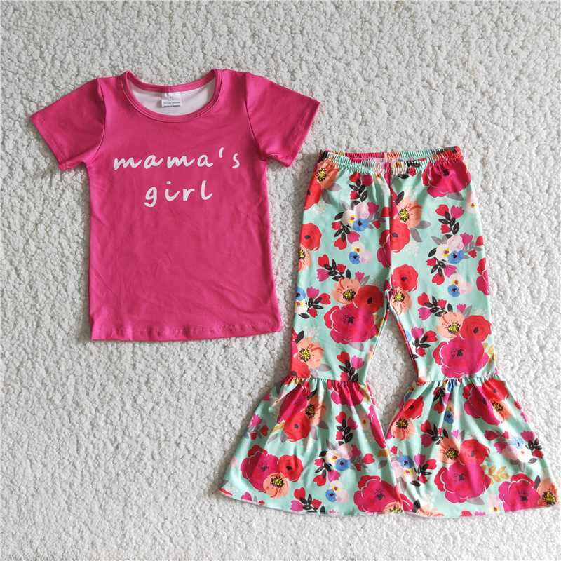 mama's girl rose red flower flared pants set